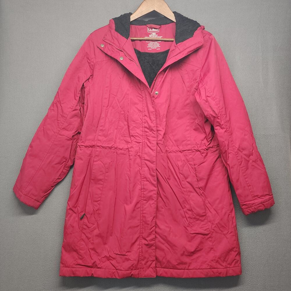 LL Bean Womens L Hooded Insulated Coat Red Quilted Winter Jacket